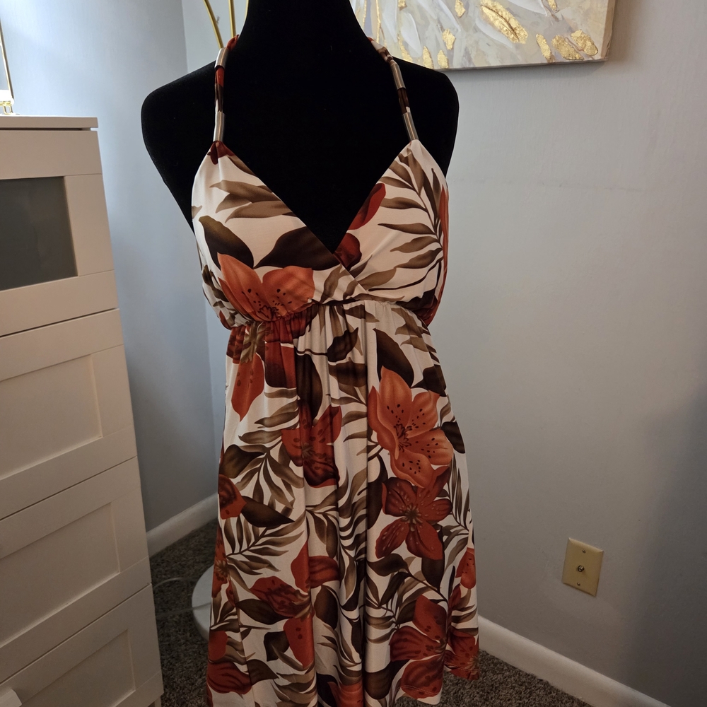 Floral Halter Dress - Brown and Orange
